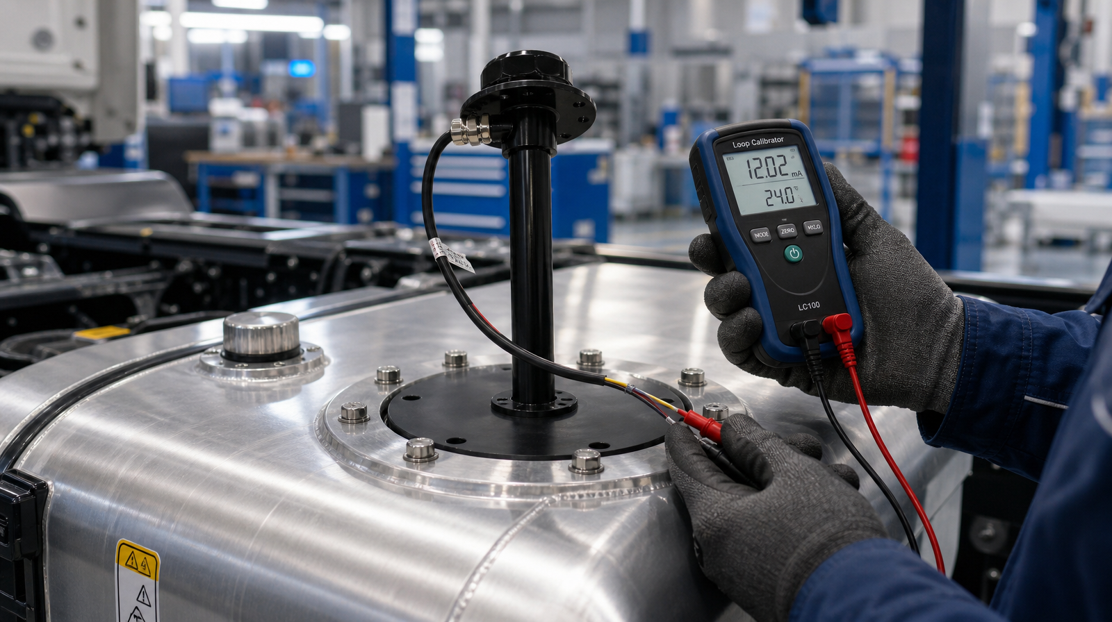 Engineer is calibrating the GLTV7 fuel level sensor Engineer is calibrating the GLTV7 fuel level sensor